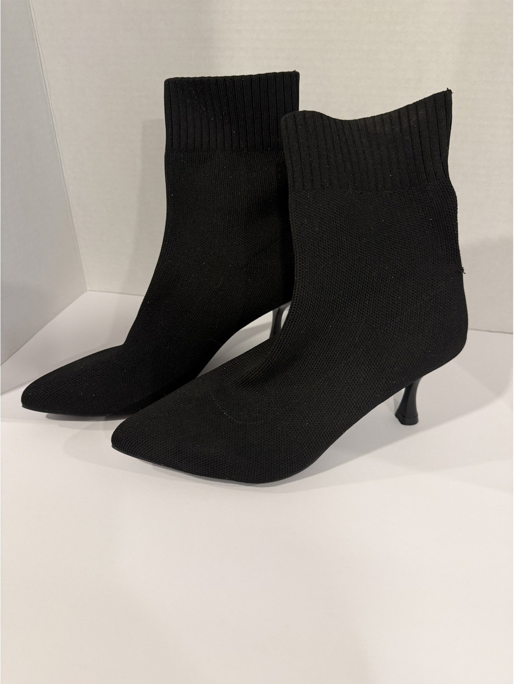 Sock Boots Women's Size 8.5 Black Knit Ankle Stiletto Heel Pointed Toe Booties